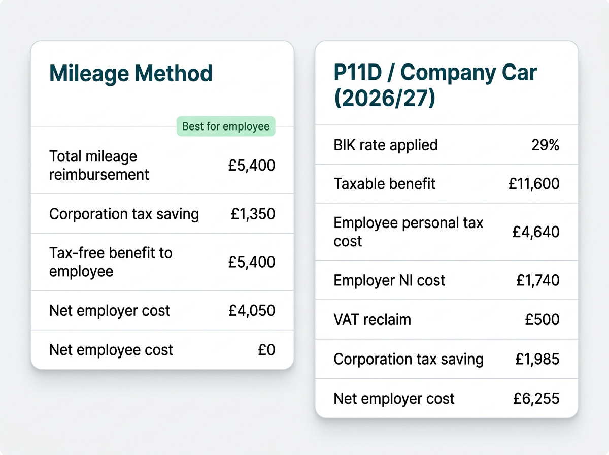 Side-by-side result cards comparing the Mileage Method and the P11D Company Car method.