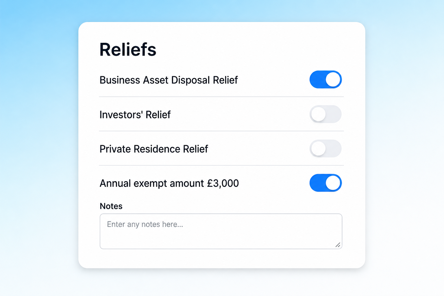 Capital Gains reliefs screen with relief toggles and notes box.