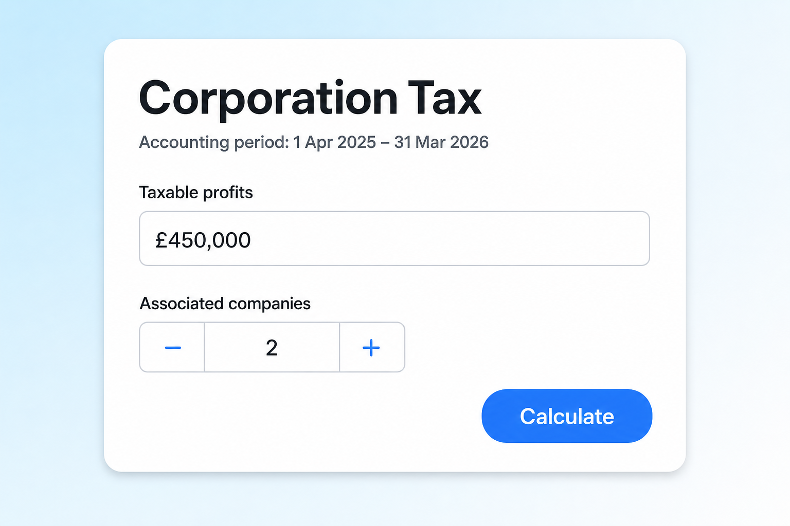Corporation Tax input screen with accounting period, taxable profits and associated companies.