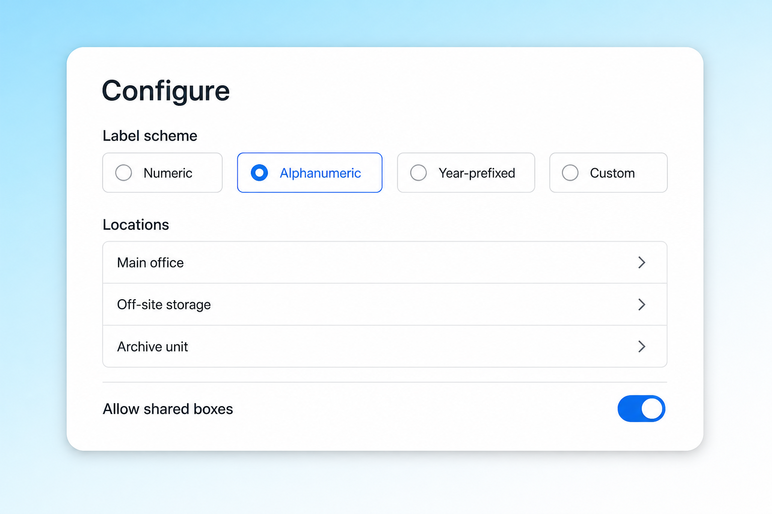 File Box Tracker configuration screen with label scheme, locations and shared boxes settings.