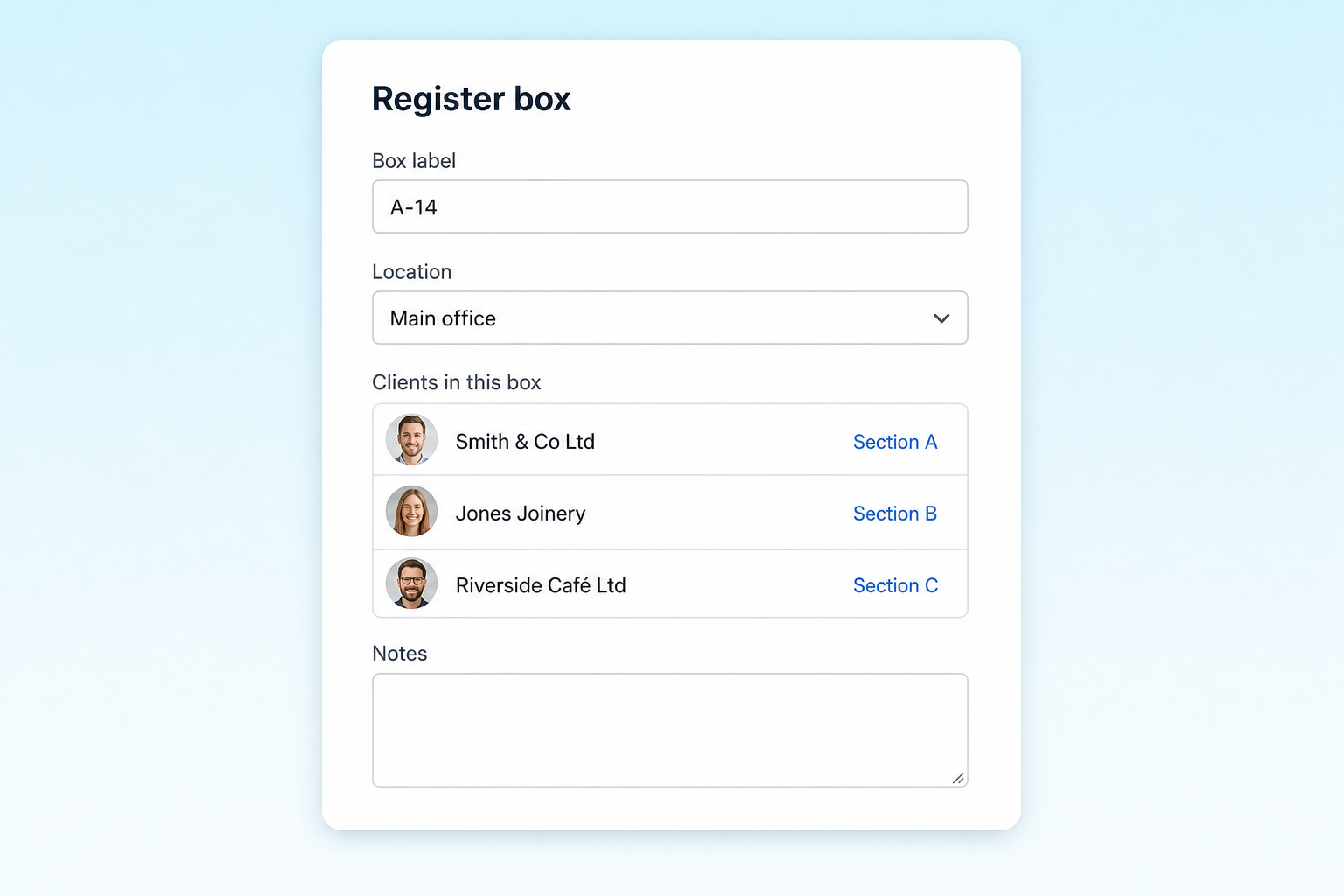 Register box screen with box label, location, client list and notes field.