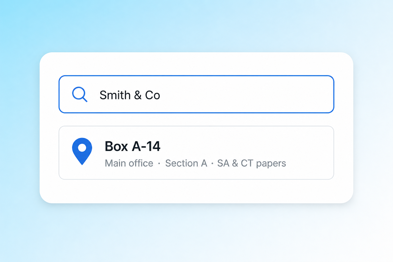 File Box Tracker search screen with Smith & Co query and Box A-14 result.