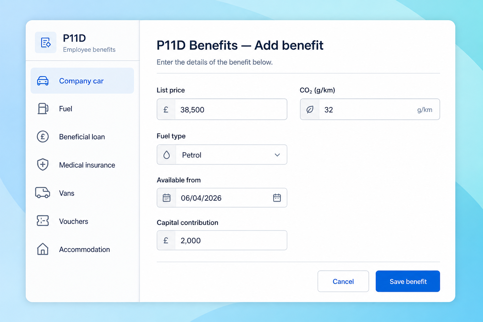 P11D add-benefit screen with company car inputs.