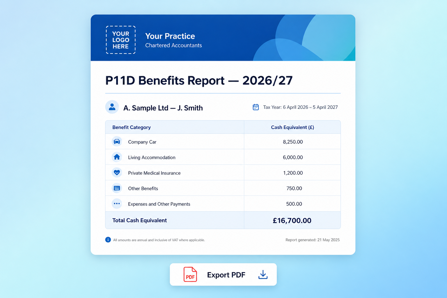 Branded P11D Benefits Report PDF preview with totals and an Export PDF button.