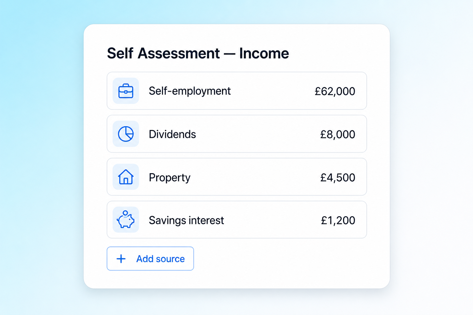 Self Assessment screen listing income sources including self-employment, dividends, property and savings interest.