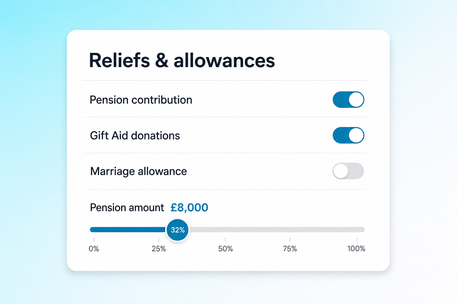 Reliefs and allowances screen with toggles and pension amount slider.