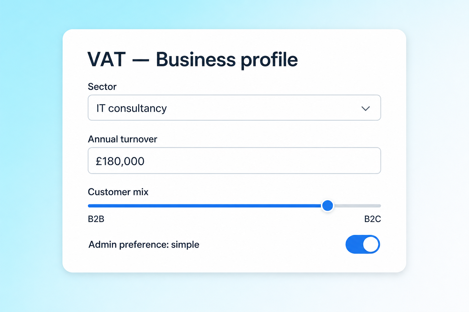 VAT Business profile screen with sector, turnover, customer mix and admin preference inputs.