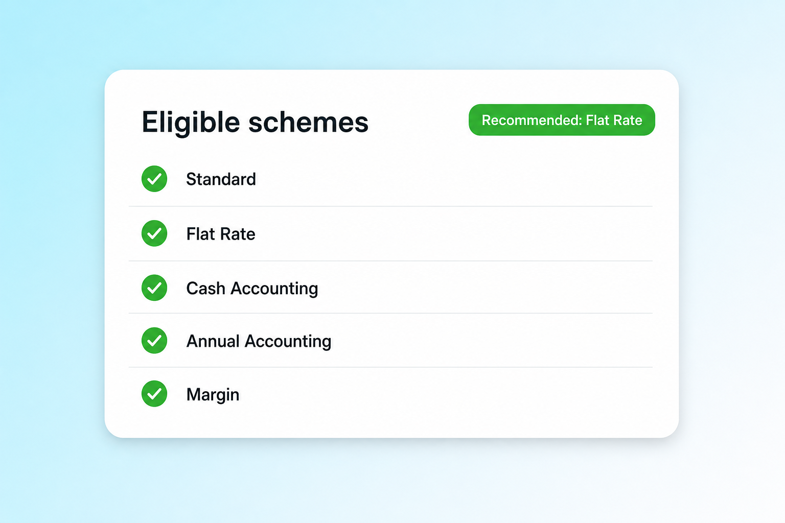 Eligible VAT schemes screen listing qualifying schemes with a recommended Flat Rate badge.